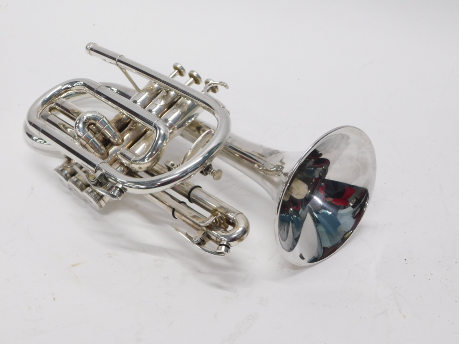 A Boosey & Hawkes Besson 700 cornet, with three valves, 35cm long, cased. - Image 2 of 4