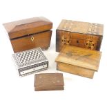 Various boxes, a 19thC mahogany box, sarcophagus shaped rosewood tea caddy, 21cm high, Eastern box,