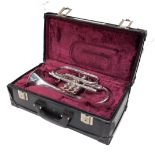 A Boosey & Hawkes Besson 700 cornet, with three valves, 35cm long, cased.