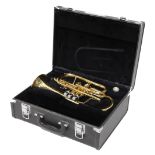 A Yamaha brass cornet, with three mother of pearl finished valves, 34cm long, with mouthpiece. (case