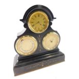 A Victorian black slate three dial clock and barometer, in shaped case, set with floral sprays, 19cm