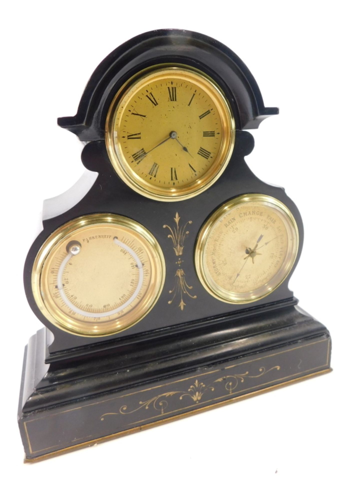 A Victorian black slate three dial clock and barometer, in shaped case, set with floral sprays, 19cm