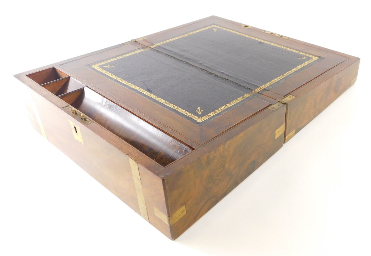 A 19thC walnut and brass bound writing slope, 15cm high, 33cm wide, 23cm deep. - Image 2 of 2