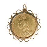 A Victorian gold full sovereign, Jubilee Head, 1887, loose pendant mount, 3cm high, 9.4g all in.