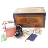 A 19thC burr birds eye maple and satinwood inlaid sewing box, with fitted interior and a quantity of