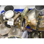 Various brassware, metalware, pair of candlesticks, brass warthog, etc. (1 tray)