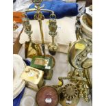 Brassware, fireside companion set with owl handle, pair of cushions, hot water bottle holder, poker,
