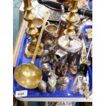 Various brassware, large spoon, other plated ware, pair of brass candlesticks, etc. (1 tray)