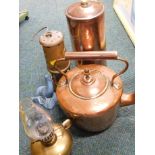 Various metalware, copper kettle, brass Hockley lamp and limelight miners lamp, two Poole seals, cop