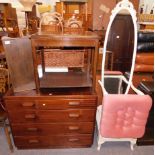 Various furniture, stool, side table, chest of four drawers, and a cheval mirror. The upholstery in