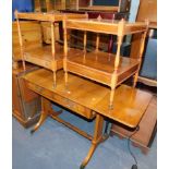 A yew wood sofa table, and two occasional tables.
