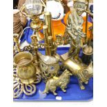 Various brassware, lanterns with orange glass shades and clear glass chimneys, quantity of brassware