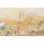 P. K. Marshall (19thC). Figures in a village with church spire in the distance, watercolour, signed