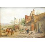 19thC School. Figures and horse in a courtyard, oil on board, indistinctly signed, 18cm x 24cm.