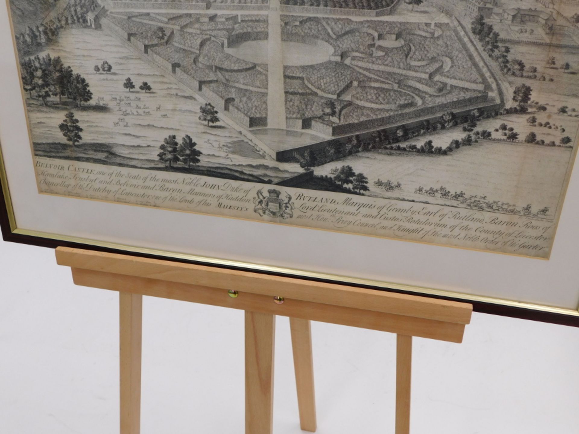 After Badslade. Belvoir Castle, panoramic map with crest, engraving, 43cm x 61cm. - Image 2 of 3