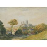 B. R. Cotton (19thC). Lincoln Cathedral in the distance, watercolour, signed, titled and dated 1872,