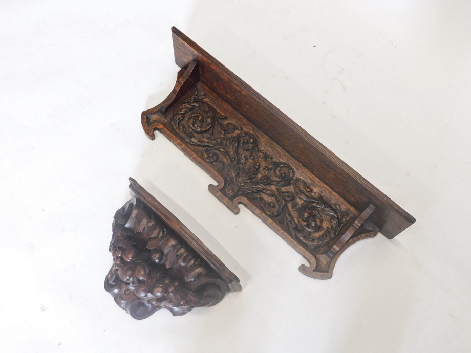 A late 19thC carved oak wall shelf, with shaped base, 74cm wide, and similar wall bracket or shelf, - Image 2 of 2