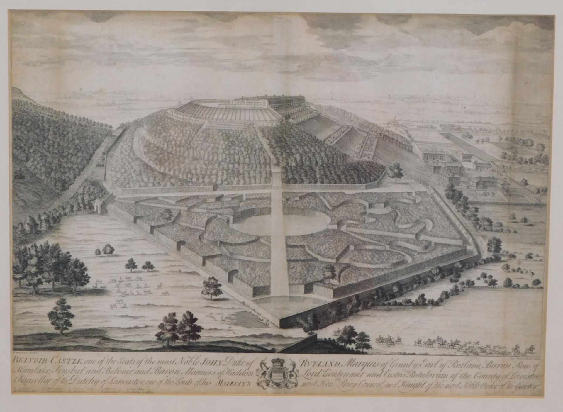 After Badslade. Belvoir Castle, panoramic map with crest, engraving, 43cm x 61cm. - Image 3 of 3