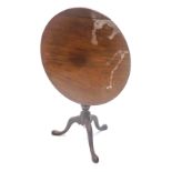 A 19thC mahogany tilt top table, the circular top on a turned column with bird cage, and tripod base