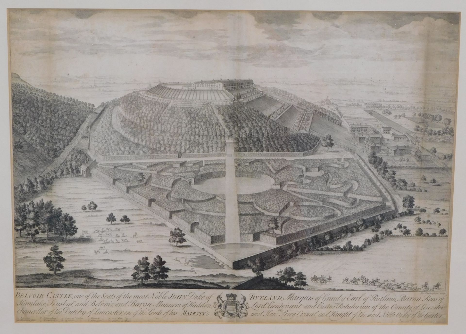After Badslade. Belvoir Castle, panoramic map with crest, engraving, 43cm x 61cm.