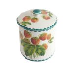 A 19thC Wemyss Pottery jar and cover, hand painted with strawberries, with T Goode & Co yellow signa