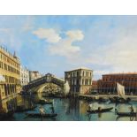 Manner of Canaletto. Venetian scene, oil and print on canvas, unsigned, 91cm x 124cm.