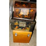 A Chinese beige pig skin box, with hinged lid and side handles, 40cm wide, and two black lacquer box