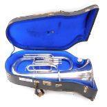 A Weltklang euphonium, with three valves, 60cm high, separate mouthpiece, in fitted case.