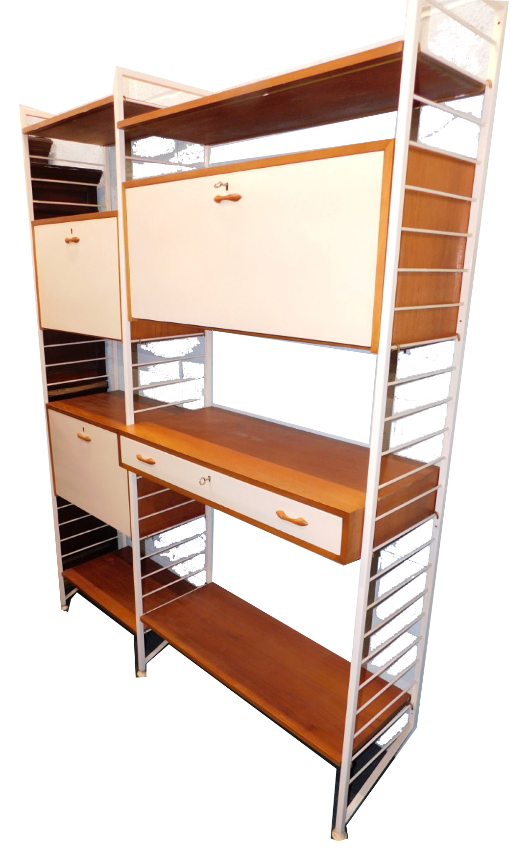 A quantity of Staples Ladderax shelving, with three cream painted supports, three cabinet sections,