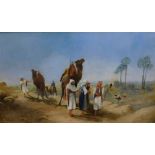 20thC School. Egyptian scene, figures and camels before building and palm tree, oil on board, unsign