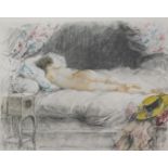 After Antoine Calbet. Sleeping nude, coloured mezzotint, 26cm x 31cm, and another - a pair. (2)
