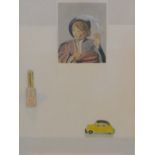20thC School. Nail varnish, toy Citroen and portrait, acrylic on panel, indistinctly signed and date