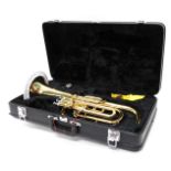 A Yamaha YAH203 304491 brass tenor horn, with three valves, 51cm high. (in Yamaha case)