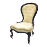 A Victorian mahogany spoon back show frame open chair, with cabriole legs terminating in castors, cr