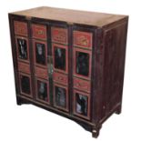 A Chinese polychrome lacquer cabinet, with two door front, parcel gilt, 95cm high, 95cm wide, 49cm d