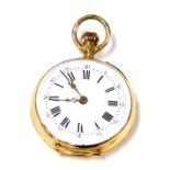 A late 19thC 18ct gold cased lady's pocket watch, open faced, keyless wind, circular enamel dial bea
