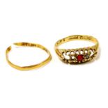 A 22ct gold wedding band, cut, 0.8g, and an 18ct god, ruby and diamond five stone ring, three stones