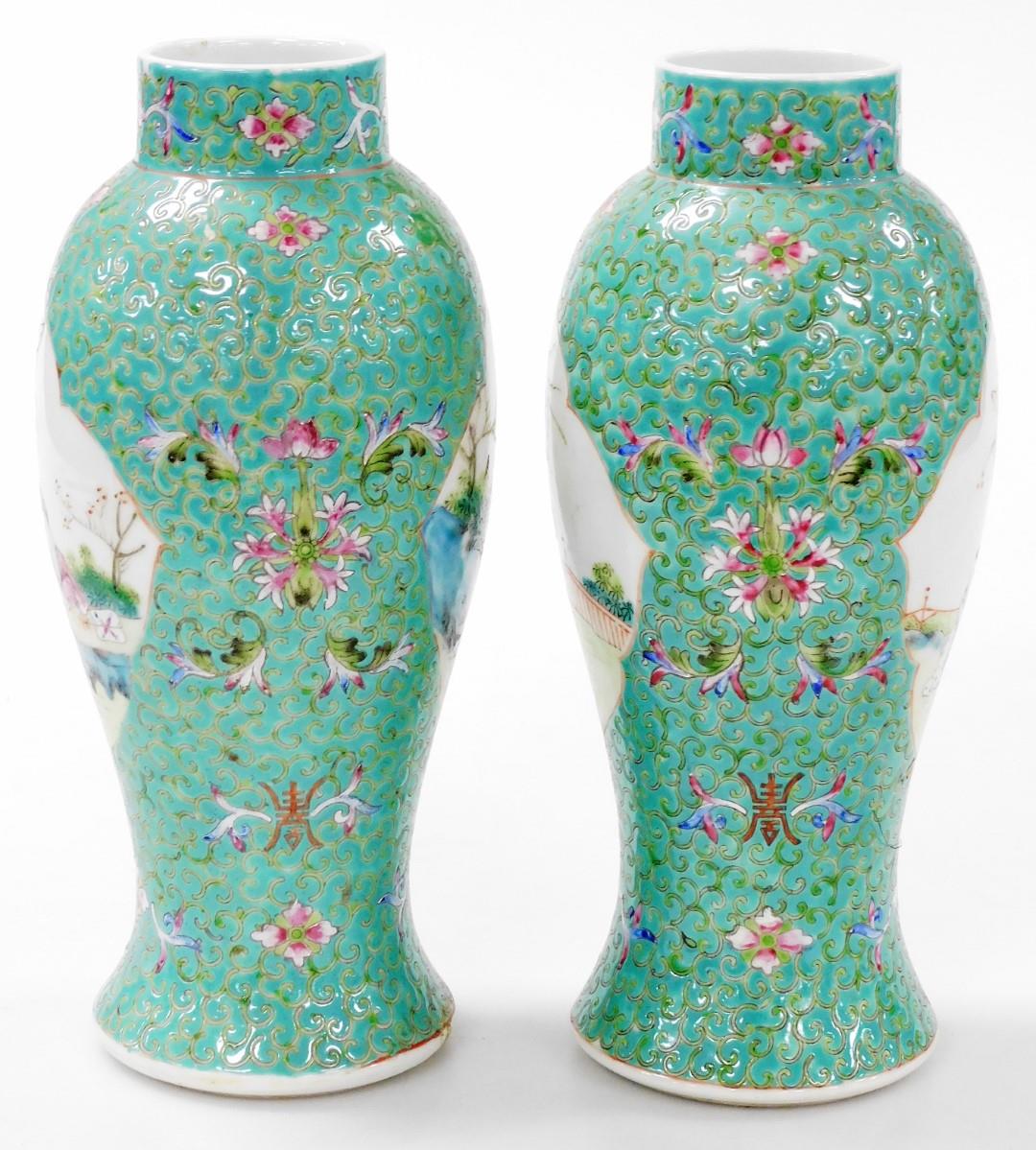 A pair of Chinese Republic famille rose porcelain vases, of baluster form, decorated with reserves o - Image 4 of 6