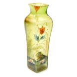 An early 20thC iridescent glass vase, of shouldered square tapering form, with hand painted decorati