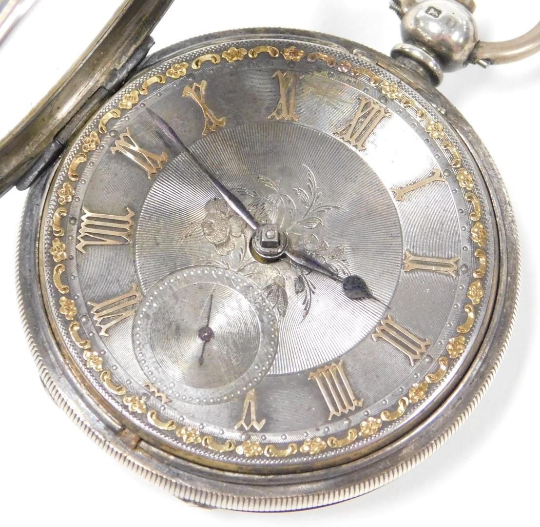 A Victorian gentleman's silver cased pocket watch, open faced, key wind, circular silver dial with e - Bild 2 aus 3