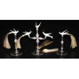 A set of three 20thC Continental glass table ornaments, each modelled as a white bird with hair form