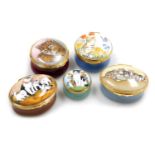 Five enamel trinket boxes, each depicting cats, to include Halcyon Days, Crummels & Co, etc.