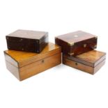 Four Victorian boxes, comprising a walnut writing slope, 17cm high, 40cm wide, 24cm, deep, rosewood