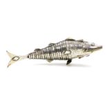 An articulated fish spice box, possibly late 19thC, white metal, 19cm wide, 3.02oz.