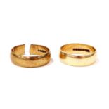 A 9ct gold wedding band, size N½, and a further 9ct gold wedding band, cut, 6.5g.