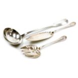 A Christofle silver plated soup ladle, together with a pair of plated fish servers, monogram engrave