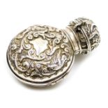 A Victorian silver scent bottle holder, embossed with birds and foliate scrolls, vacant shield reser