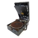 An HMV tabletop gramophone, 29cm wide, 41cm deep.