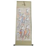 A 19thC Chinese painting depicting various women holding swords, a calligraphy cartouche to bottom l