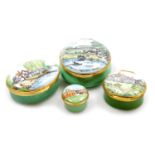 Four enamel trinket boxes, comprising Chelsea Enamels The Waterside Inn, 6.5cm wide, The Royal Cresc